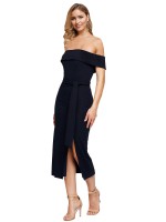 Fitted Short Midi Length Off the Shoulder Crepe Homecoming Dress with Side Split and Waist Tie