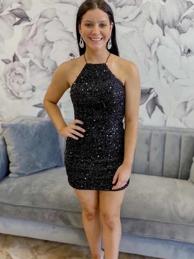 Halter Sleeveless Short Velvet Sequin Homecoming Dress