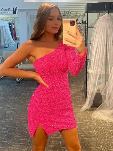 Short Velvet Sequin One Shoulder Long Sleeves Homecoming Dress