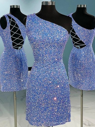 Short Velvet Sequin One Shoulder Sleeveless Homecoming Dress