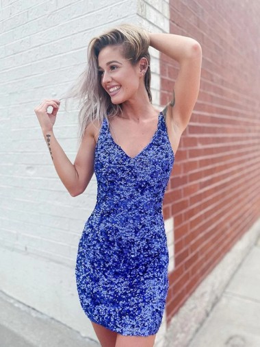 Short Velvet Sequin V-Neck Sleeveless Homecoming Dress
